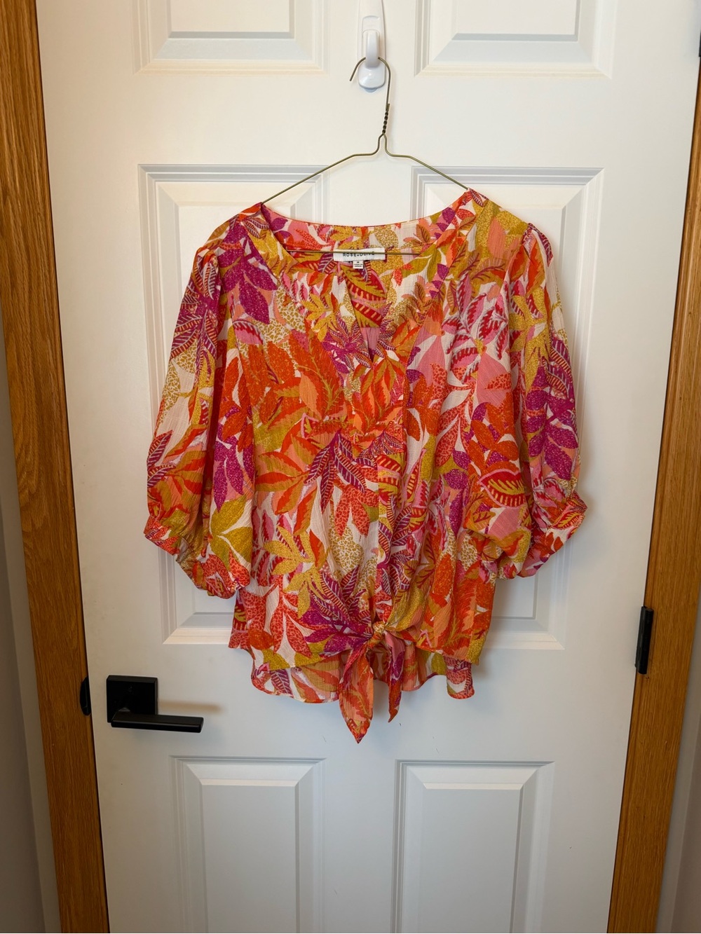 Rose & Olive Tropical Tie-Front Blouse in Pink, Orange, Yellow